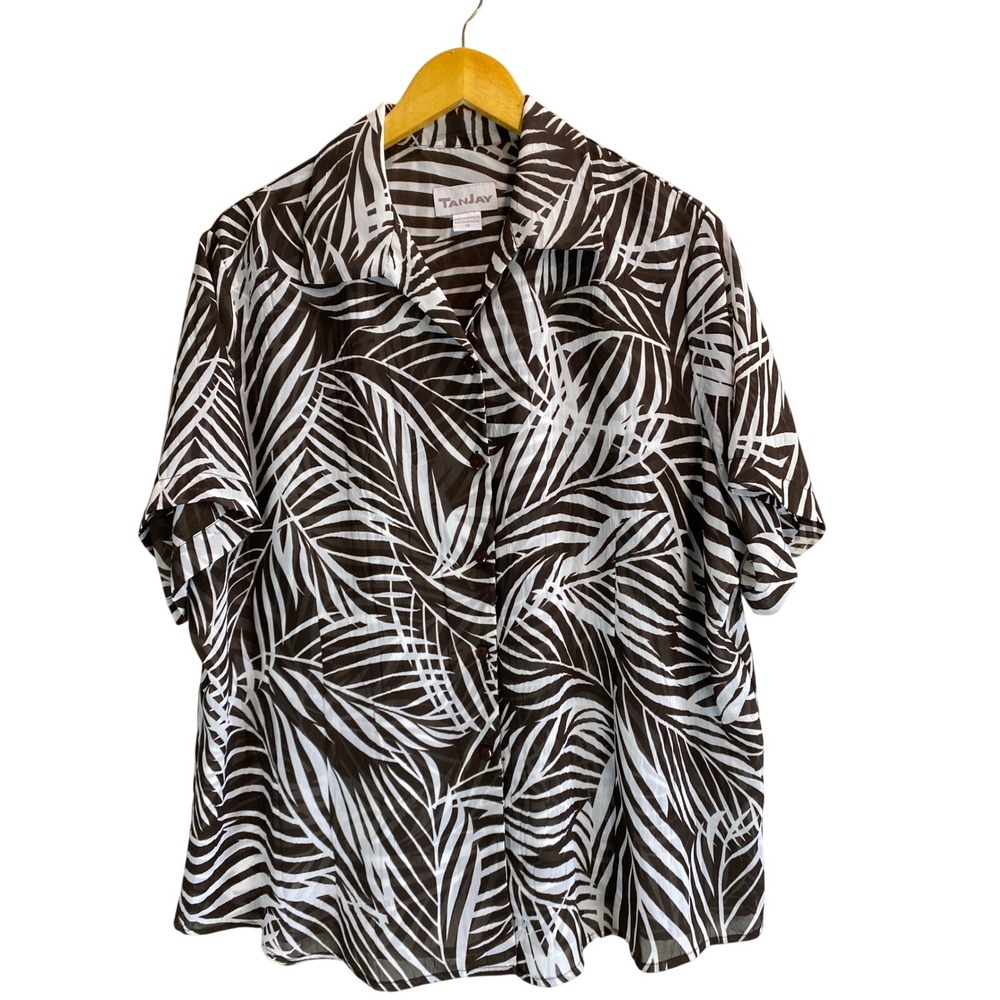 Tanjay Tropical Button Front Blouse Size 18 Brown White Lightweight‎ Resort Top